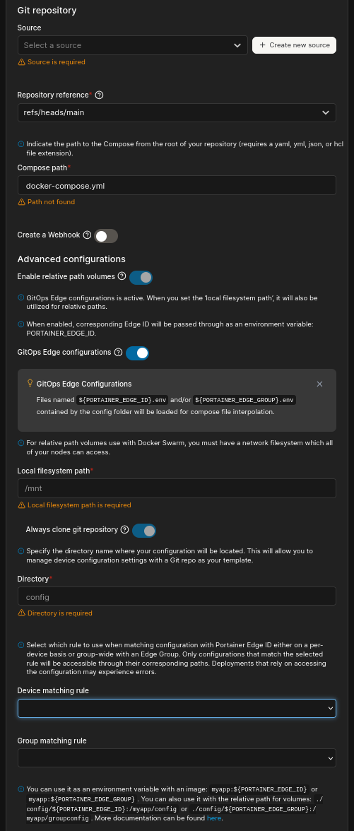 Edge stack deployment settings showing GitOps Edge configurations, the matching rule, and the repository directory.