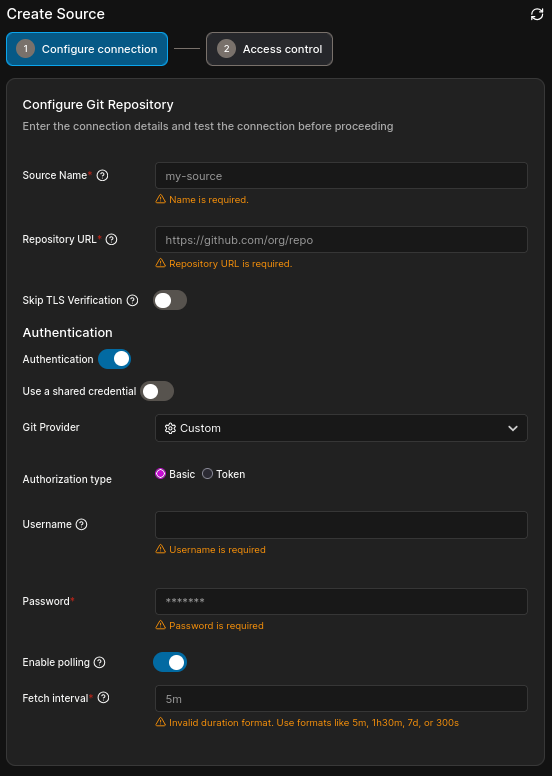 Edge stack GitOps updates settings, showing the polling interval and the webhook option.