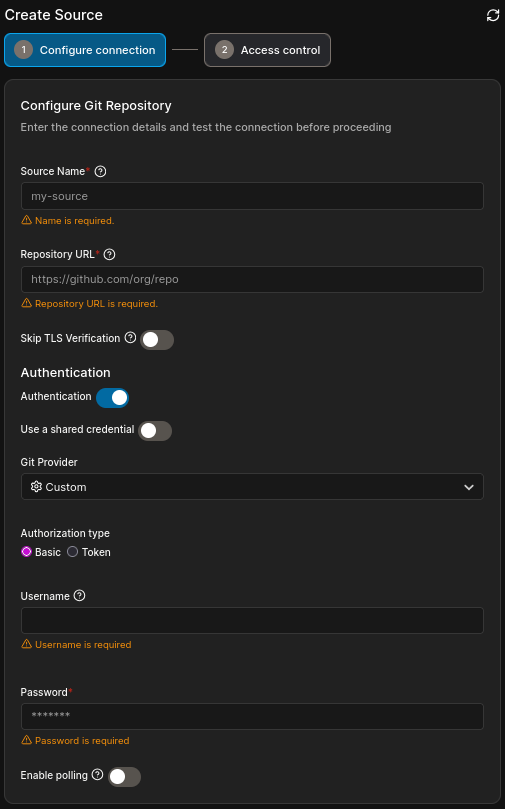 App Delivery → Sources, showing Add new, Configure connection, and Access control.